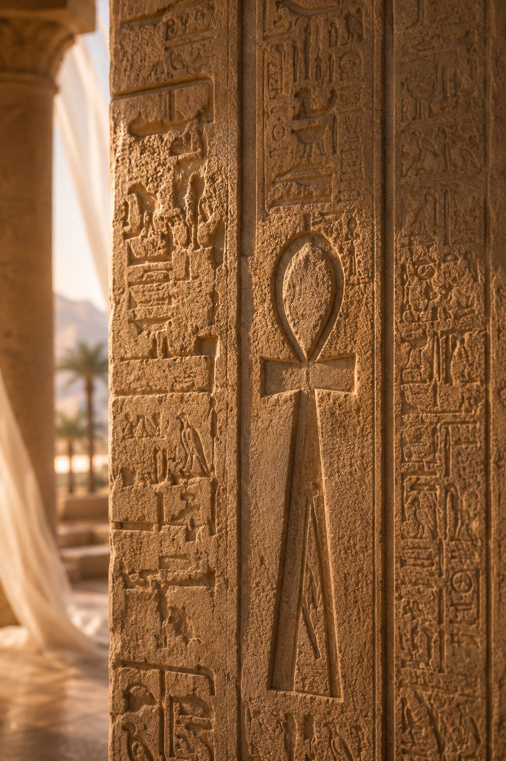 An ankh carved into ancient stone, sunlight falling across hieroglyphs