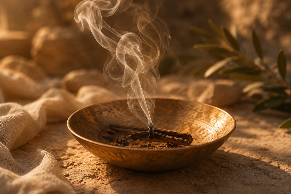 Incense smoke rising from a brass bowl