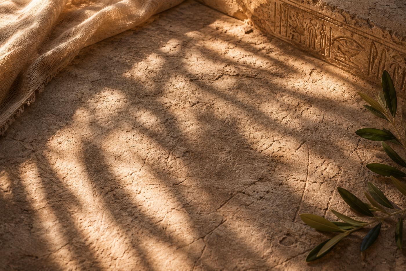 Sunlight and palm shadow falling across ancient carved stone