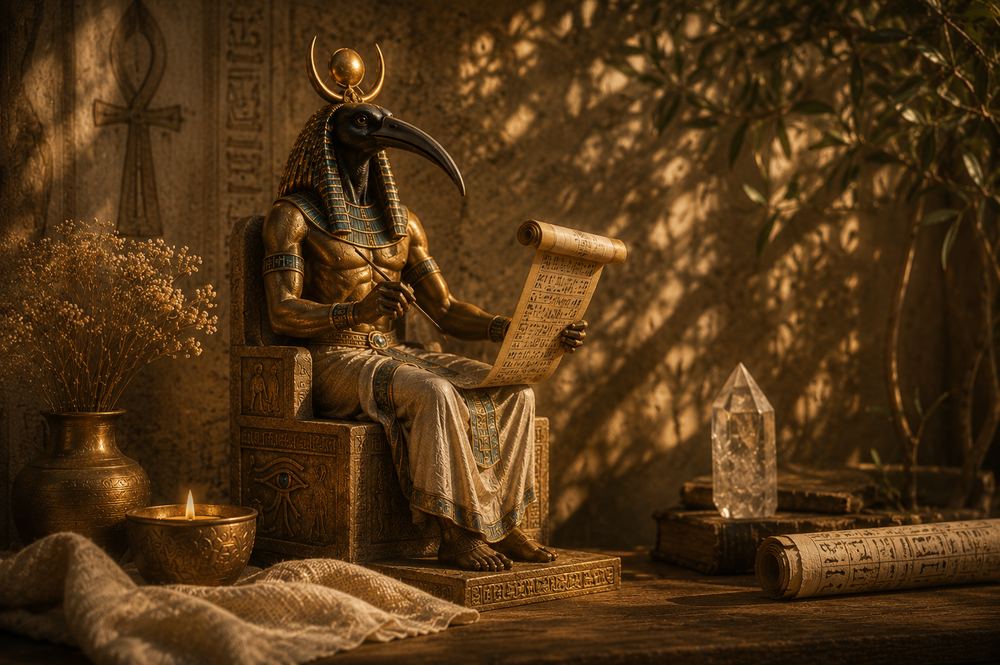 A statue holding a scroll of sacred writing