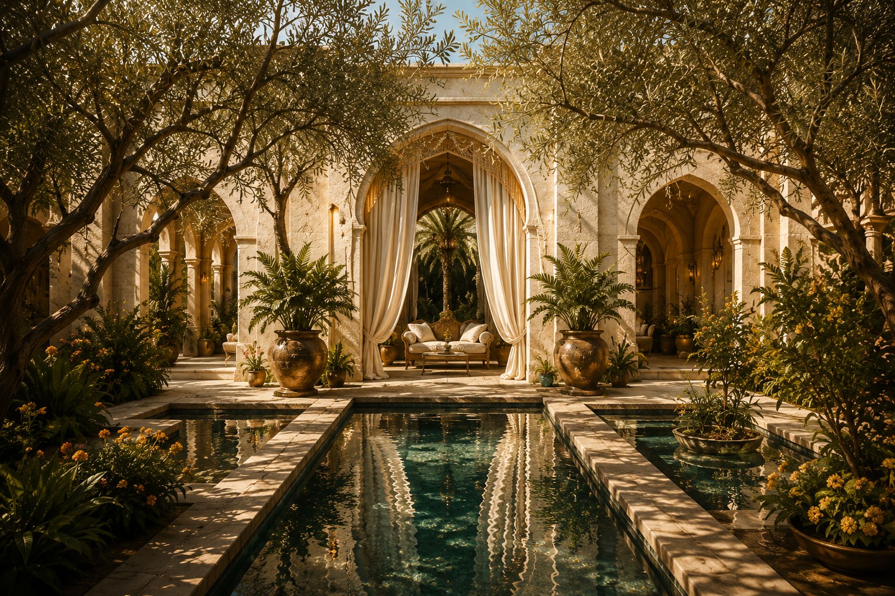 A sunlit courtyard with reflecting pool, arched doorway, and draped curtains