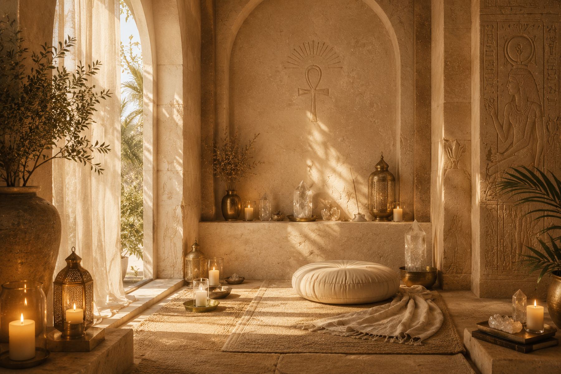 A quiet sanctuary alcove with a meditation cushion beneath a carved ankh
