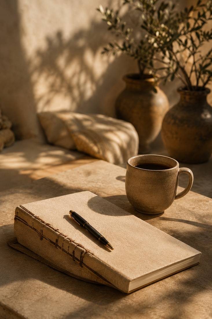 A leather journal, pen, and cup of coffee on a stone table at sunrise — reflection space for The Sanctuary's private leadership advisory