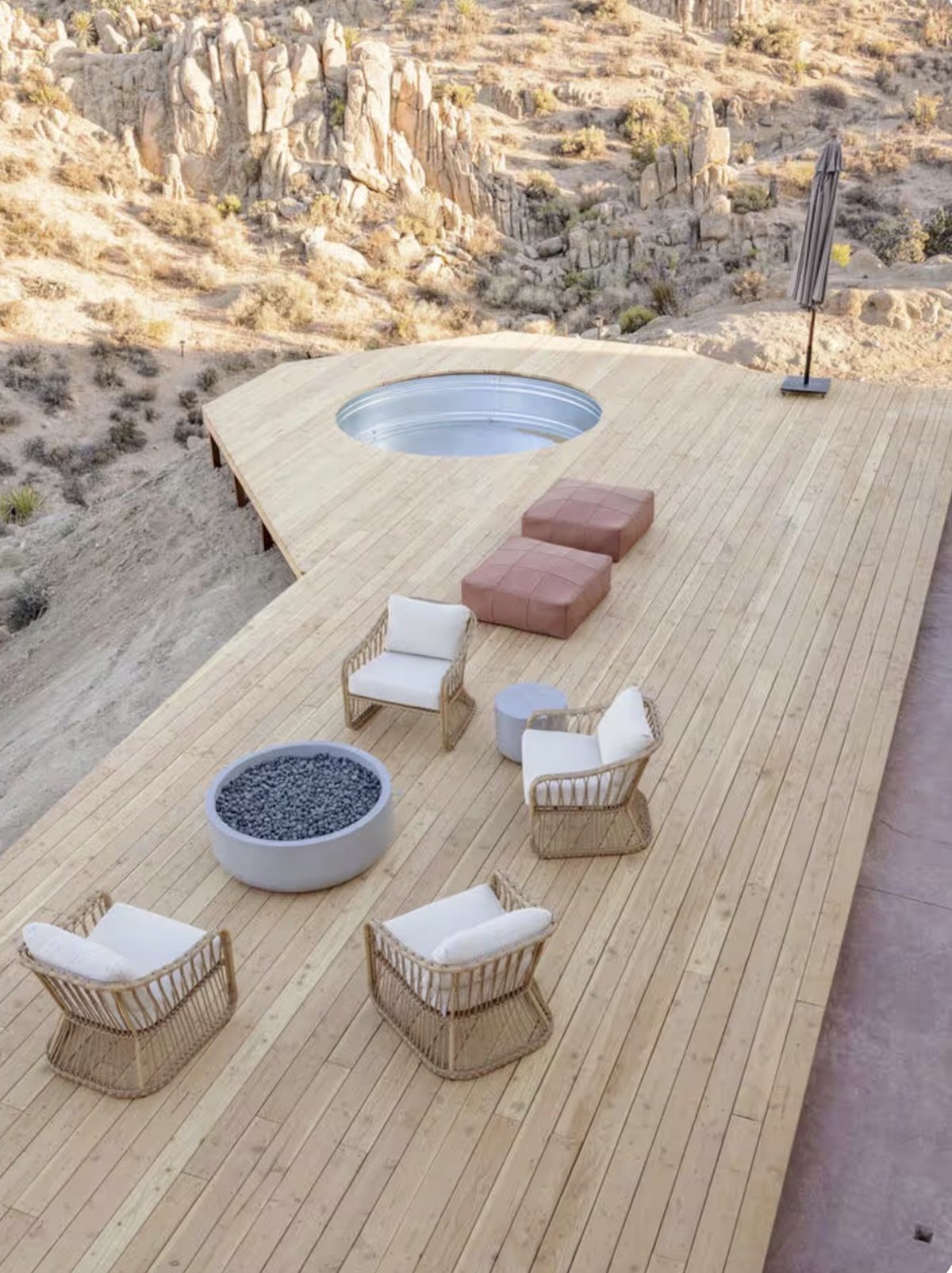 Private deck with cold plunge overlooking desert