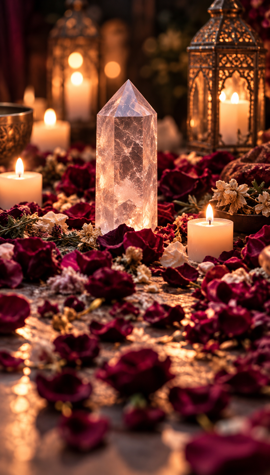 Crystal point among rose petals