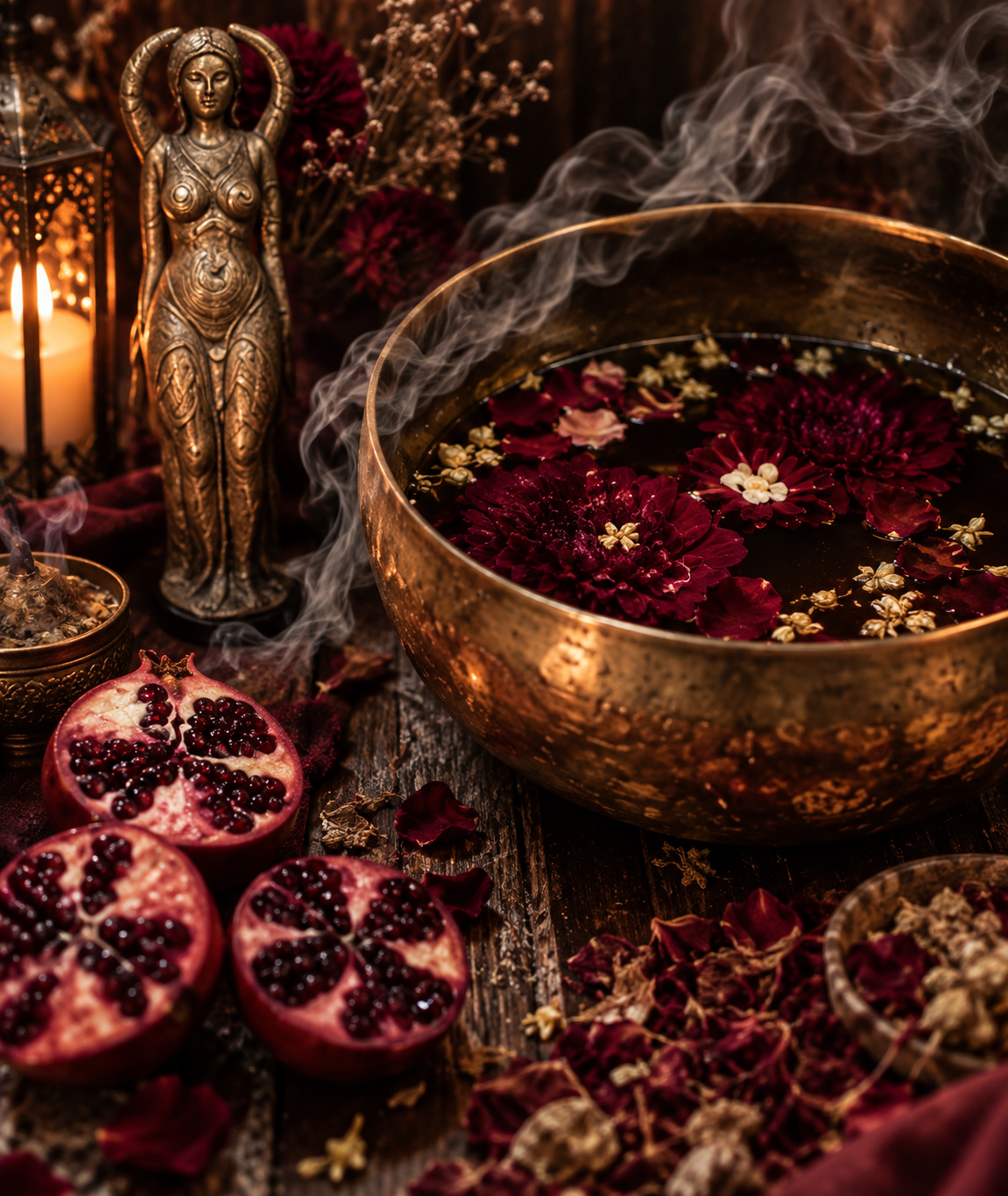 Bronze bowl of water and flowers with pomegranates