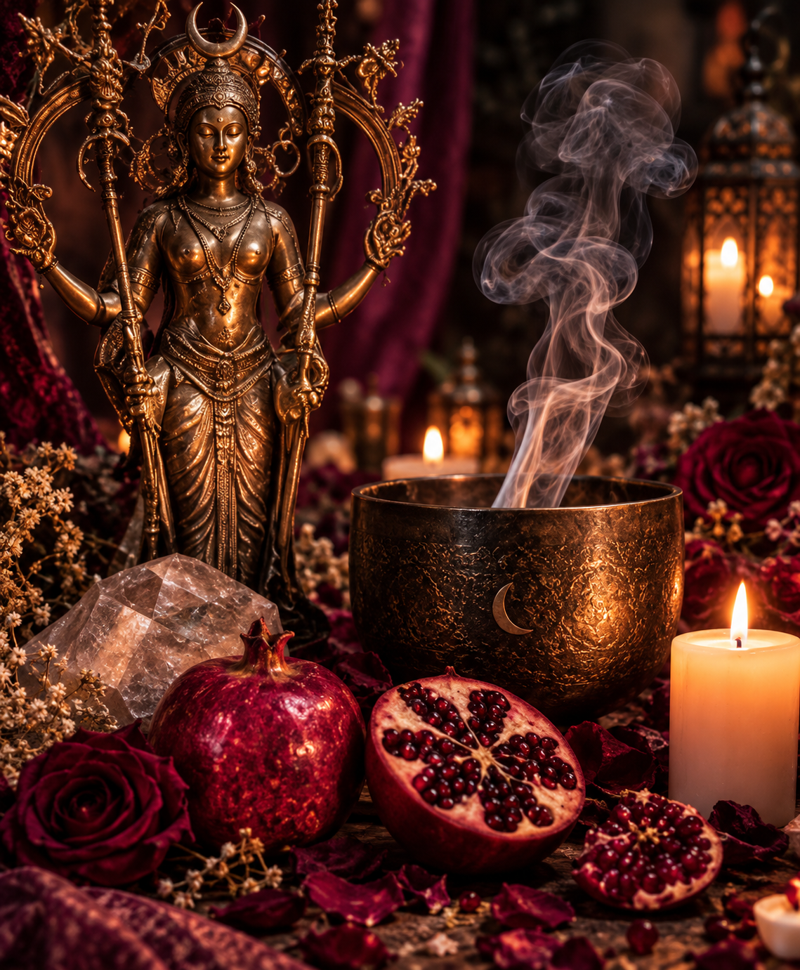 Bronze goddess statue beside a singing bowl and pomegranates