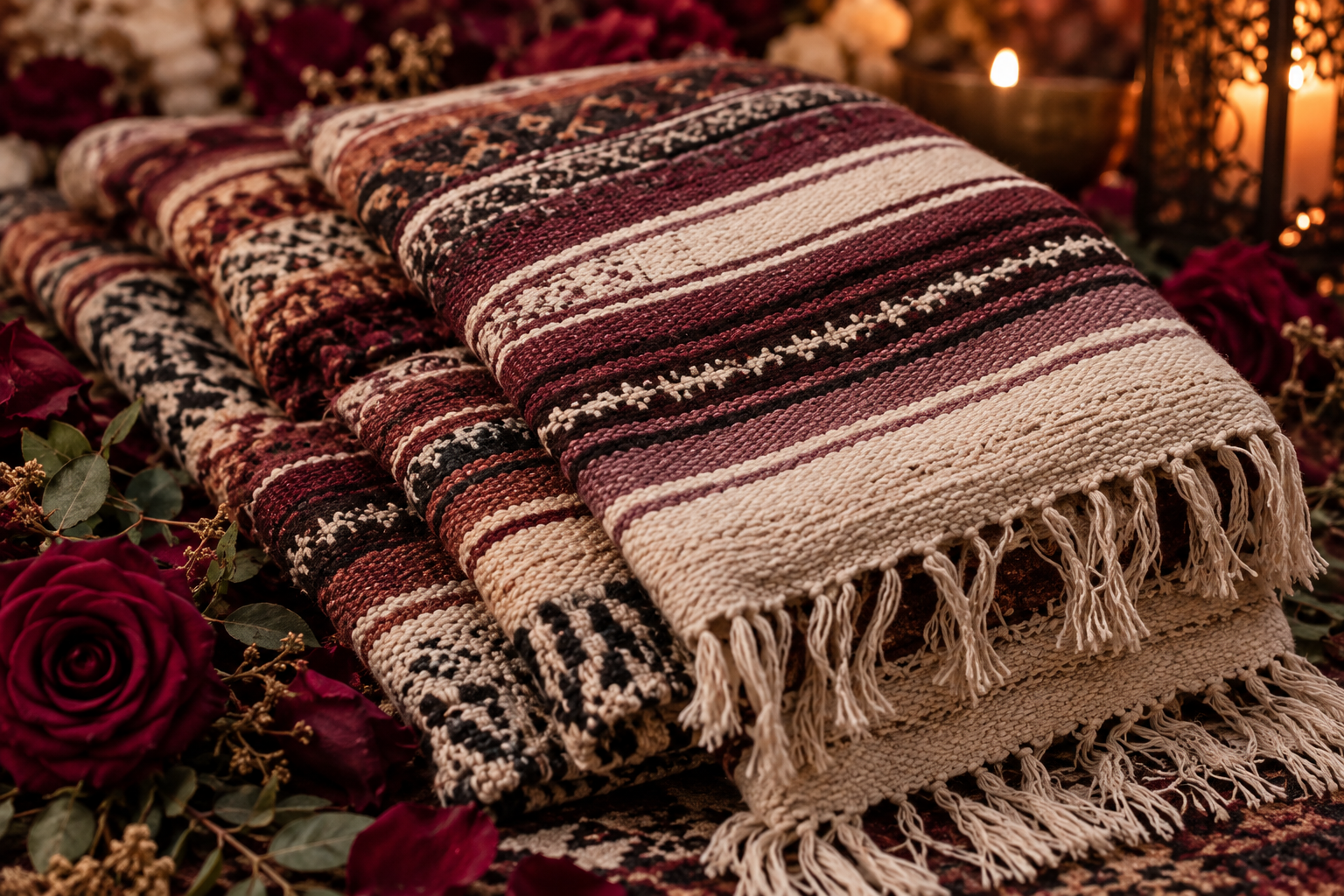 Folded rebozo textiles beside roses and candlelight