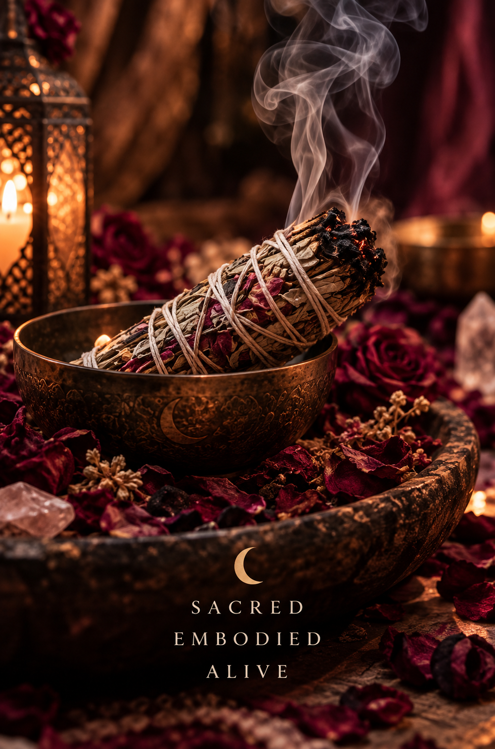 Smudge stick burning in a bronze bowl