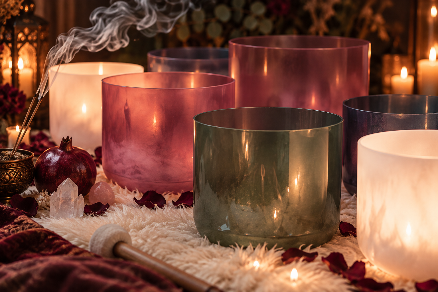 Crystal singing bowls surrounded by candles and incense