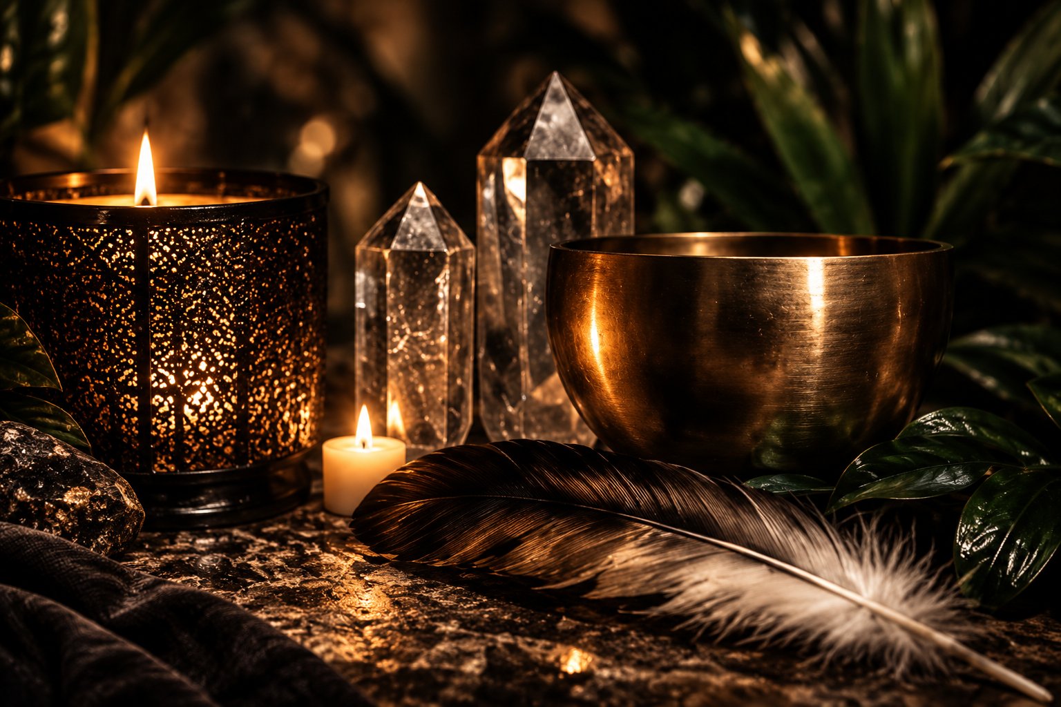 Altar with candlelight, crystal, and feather