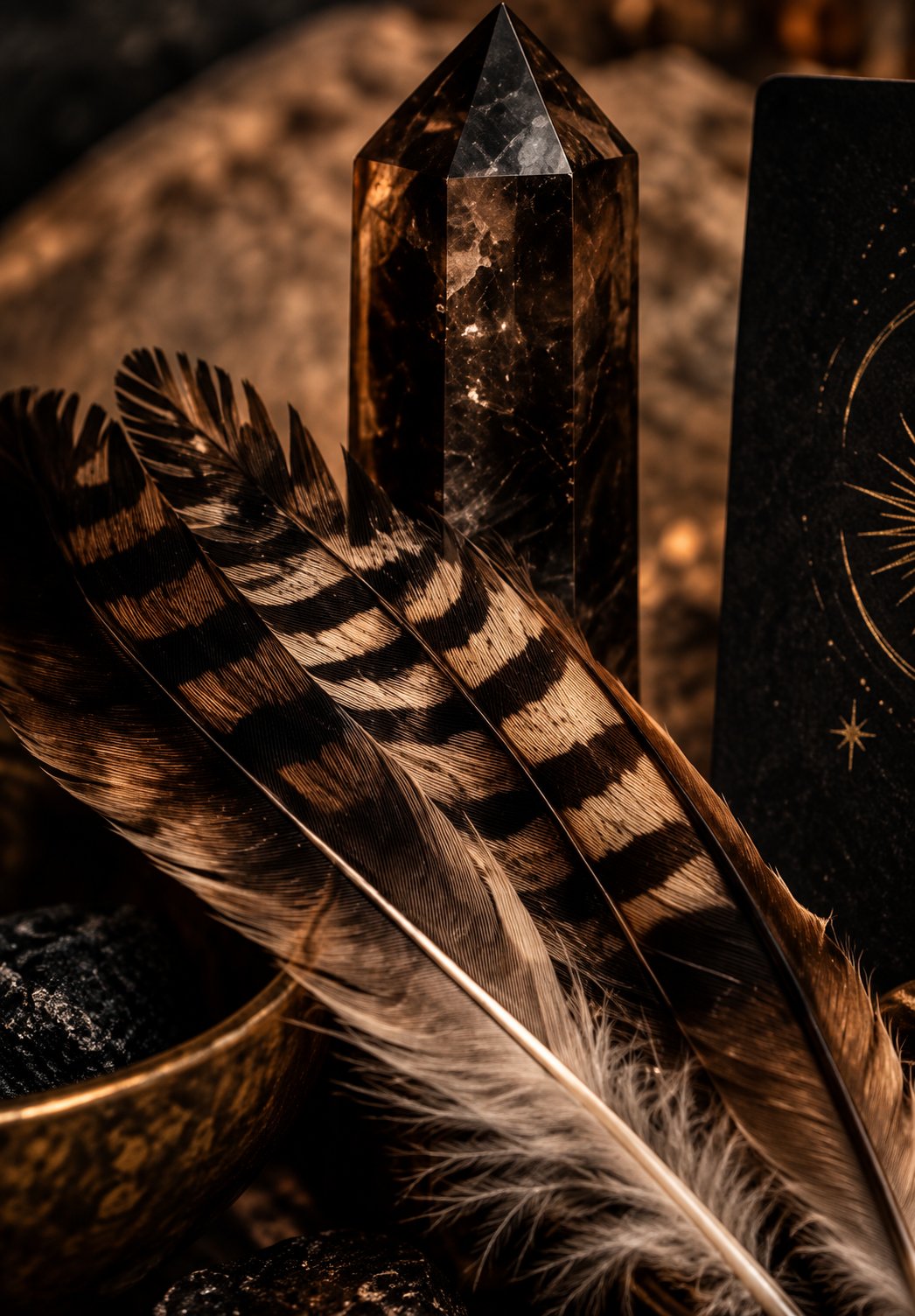 Feathers beside a smoky quartz crystal