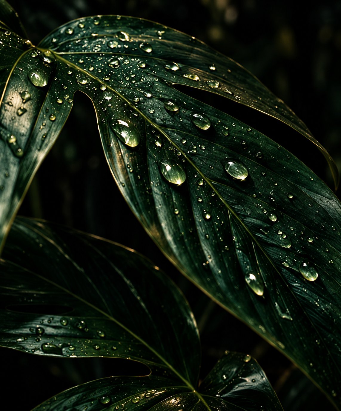 Rain-dropped jungle leaf detail