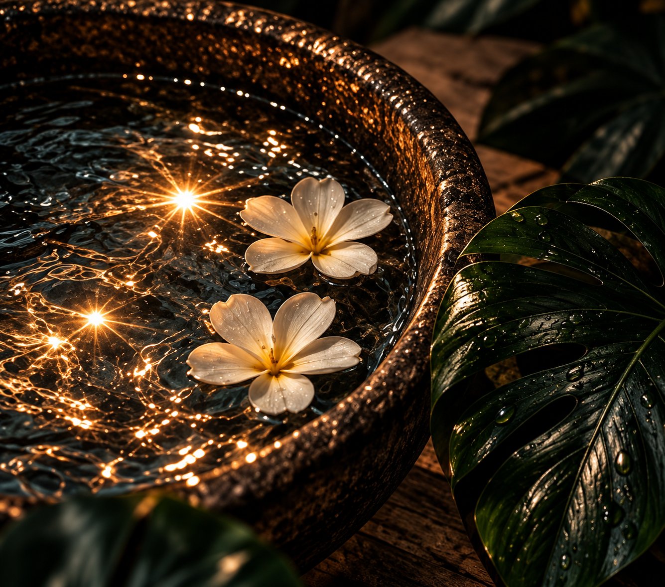 Flowers floating in a candlelit bowl