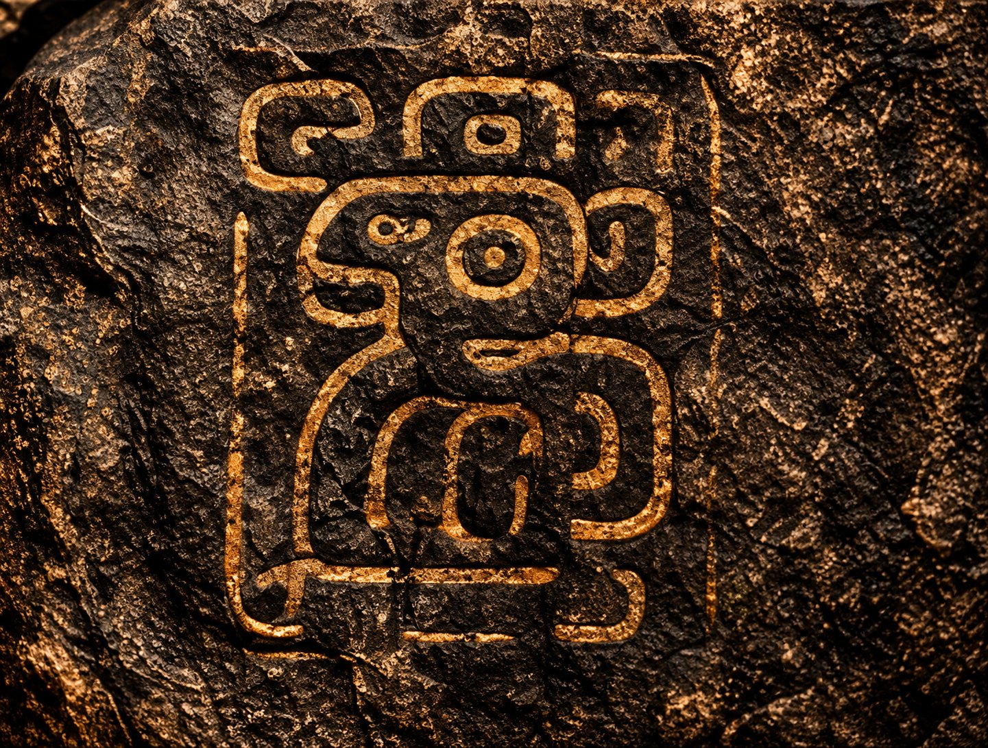 Carved stone glyph in golden light