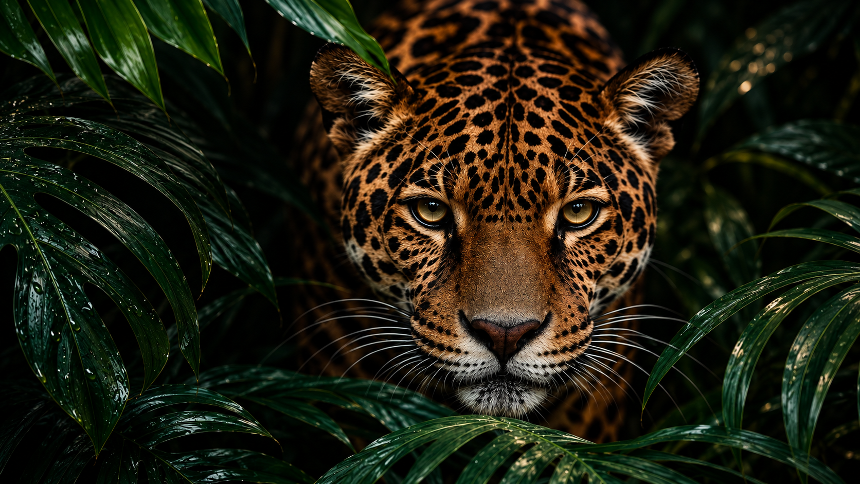 A jaguar looking out from the jungle
