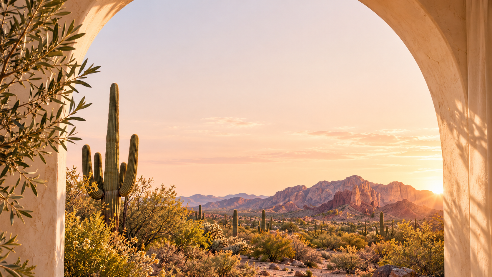 Sunrise over the Sonoran Desert with saguaro cactus and red mountains