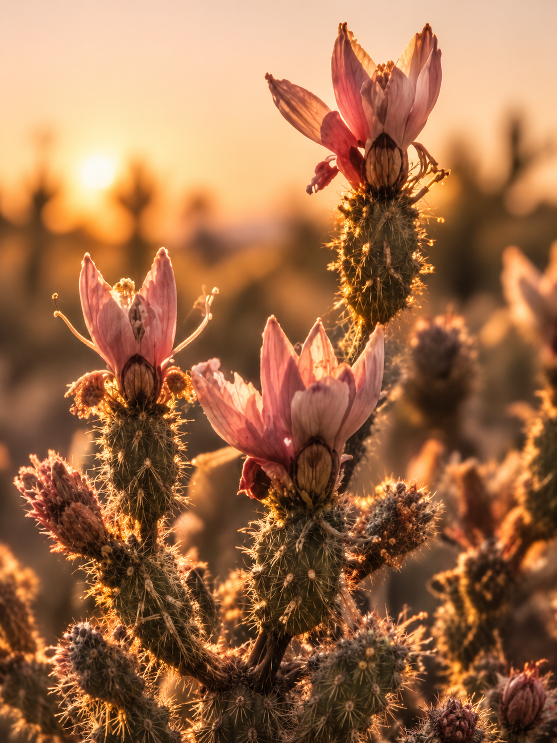 Flowering cactus glowing in desert light