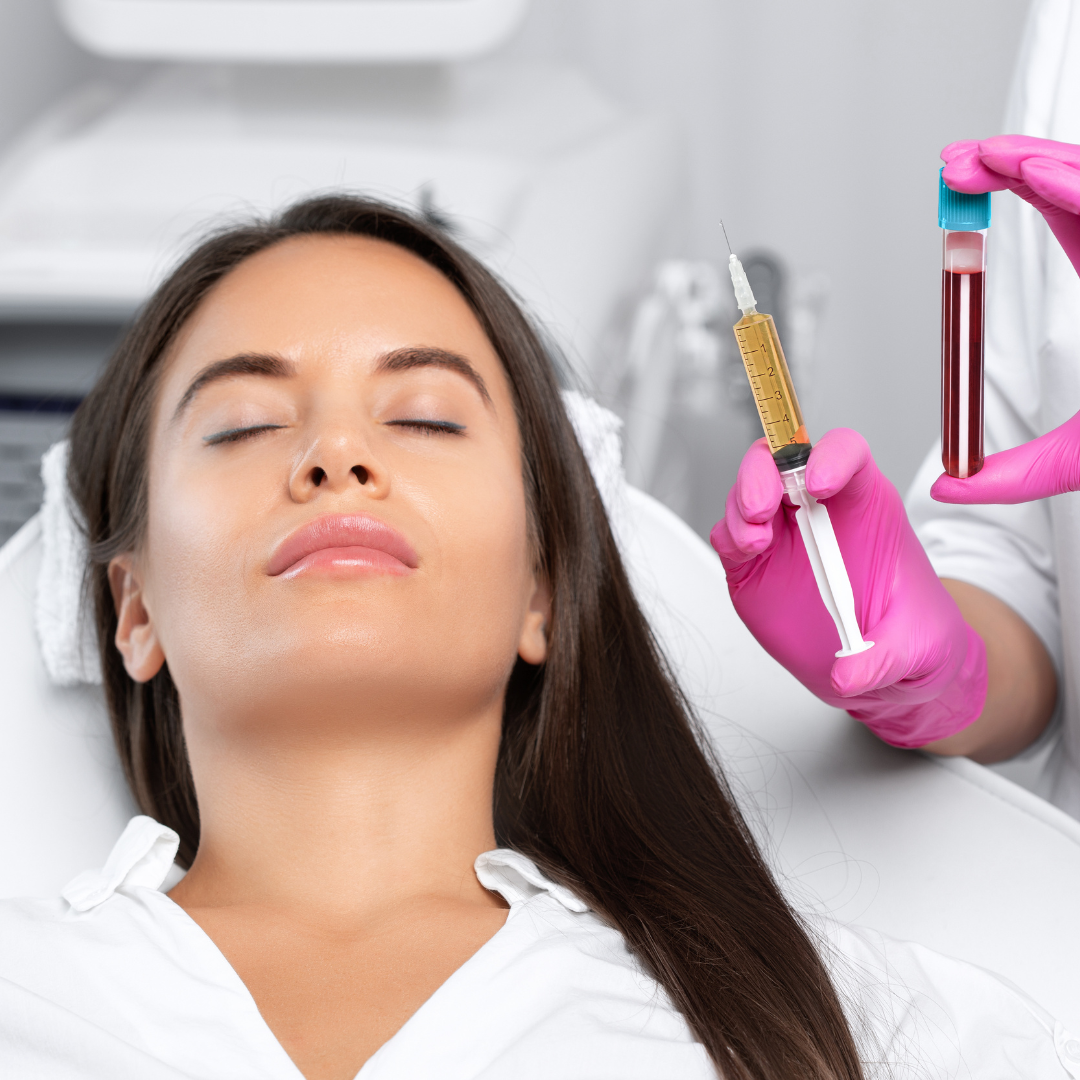 woman getting a PRP treatment and a nurse holding a blood vile and syringe