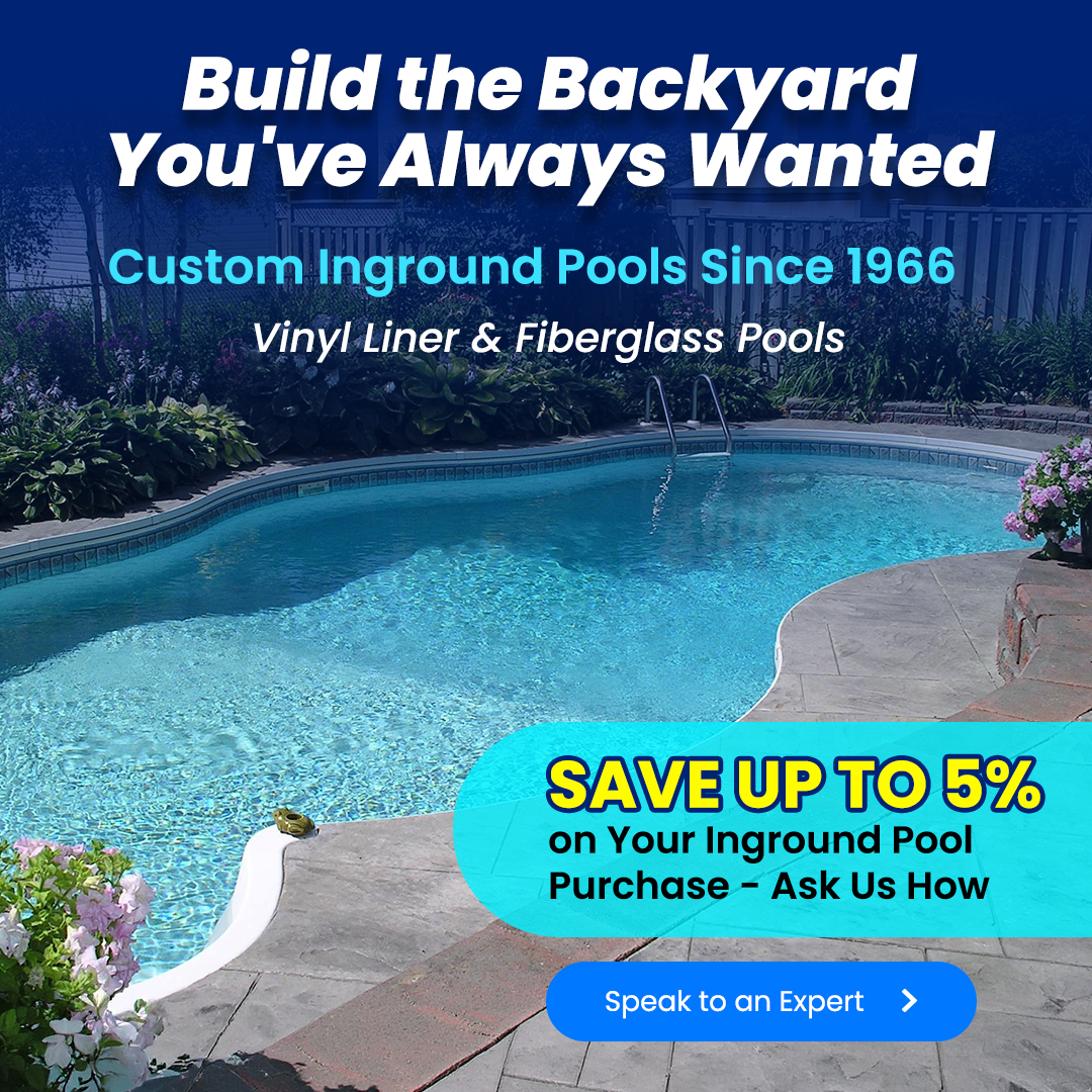 Swimming pool with a rock waterfall feature showcasing a vinyl liner replacement promotion starting at $3,495 with a free upgrade.