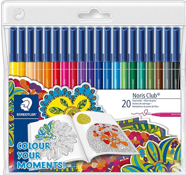 Staedtler Noris Club fibre-tip pens, pack of 20, matching navy lids