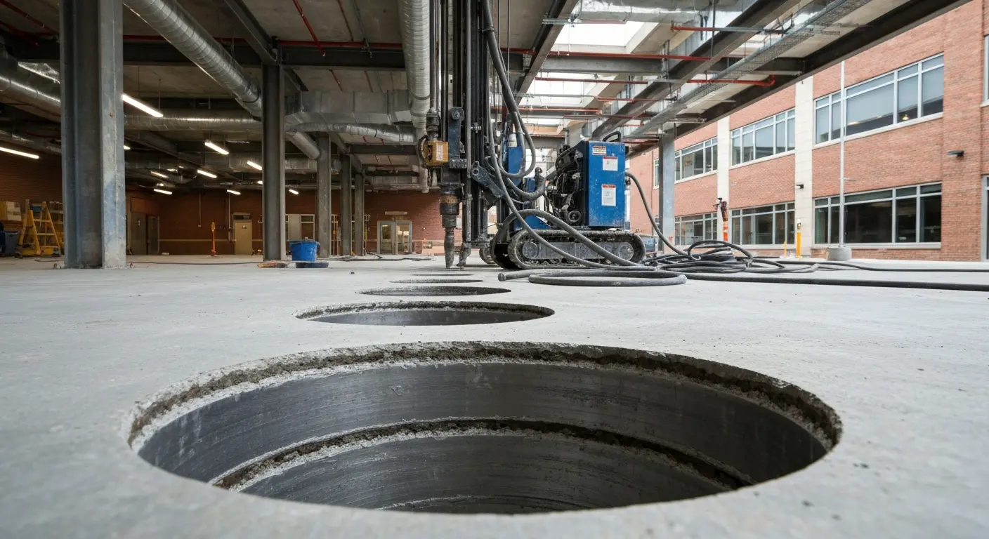 Precision core drilling in concrete floor