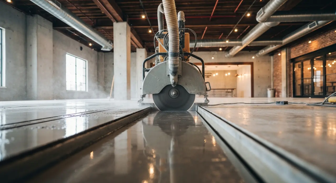 Concrete saw cutting in progress