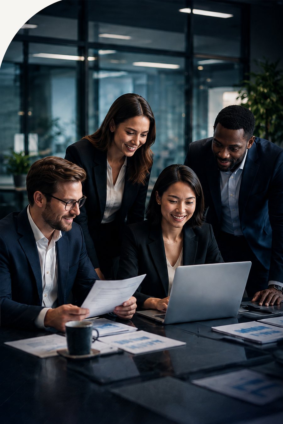 Accounting firm partners reviewing performance together