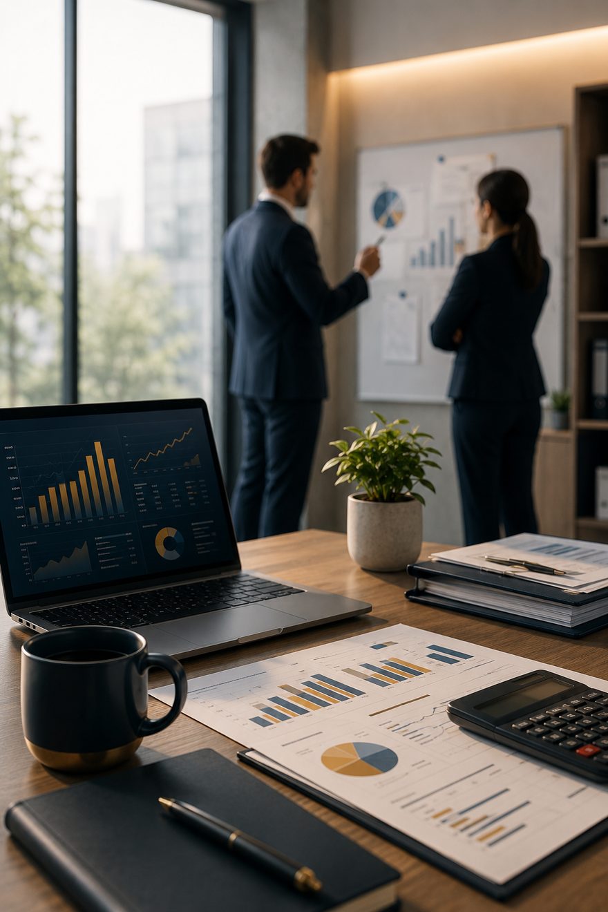 Advisers reviewing firm performance in a strategy session