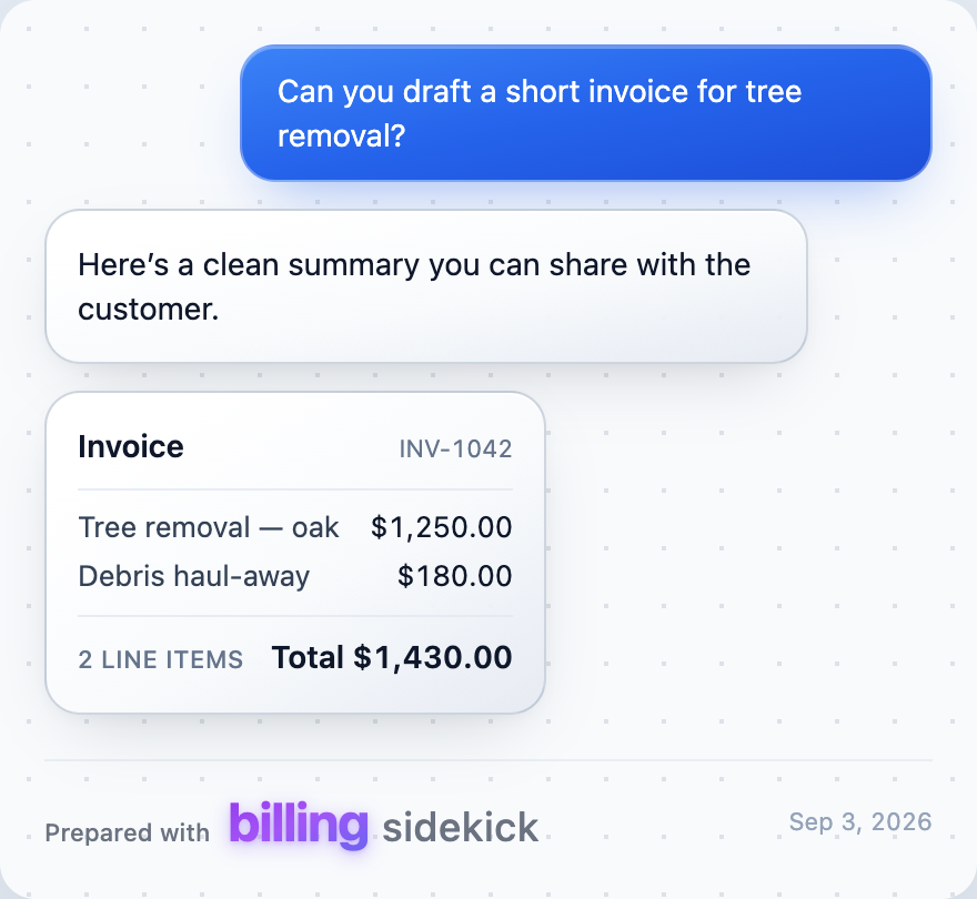 Asking for an invoice in plain English and receiving an itemised tree removal invoice