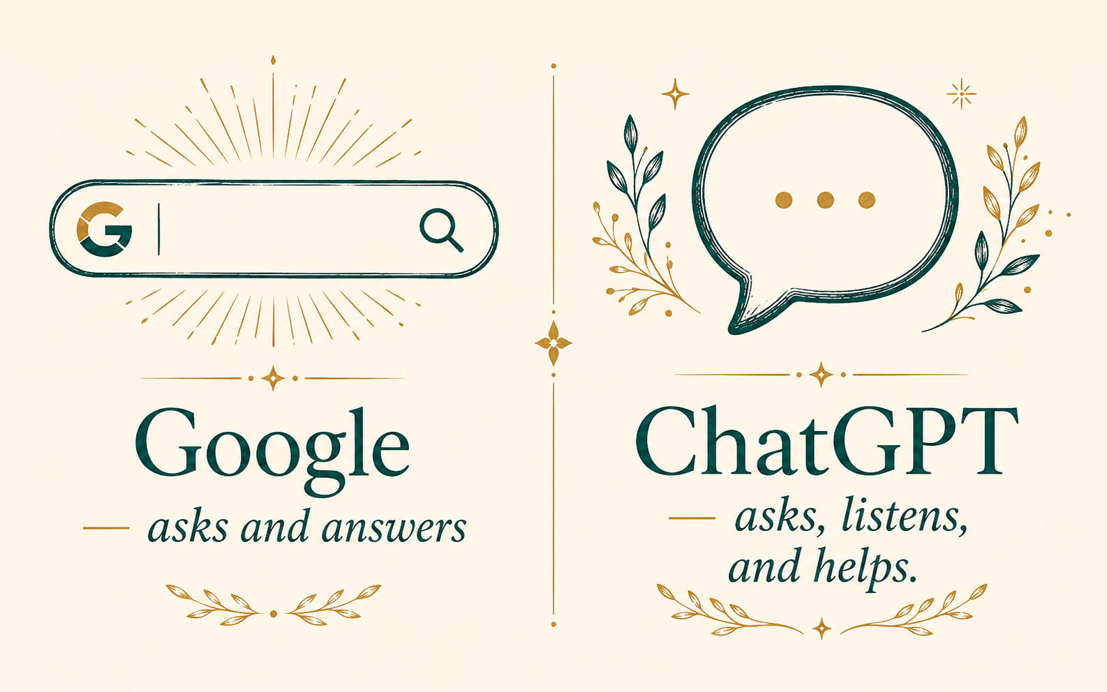 Illustration showing the difference between Google search and ChatGPT.