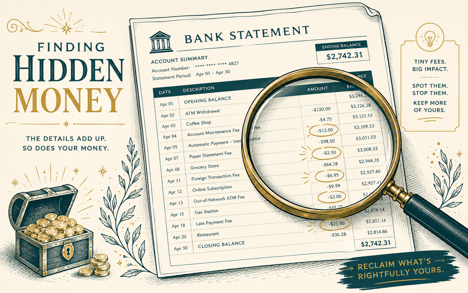 Magnifying glass over a bank statement highlighting hidden subscription charges.