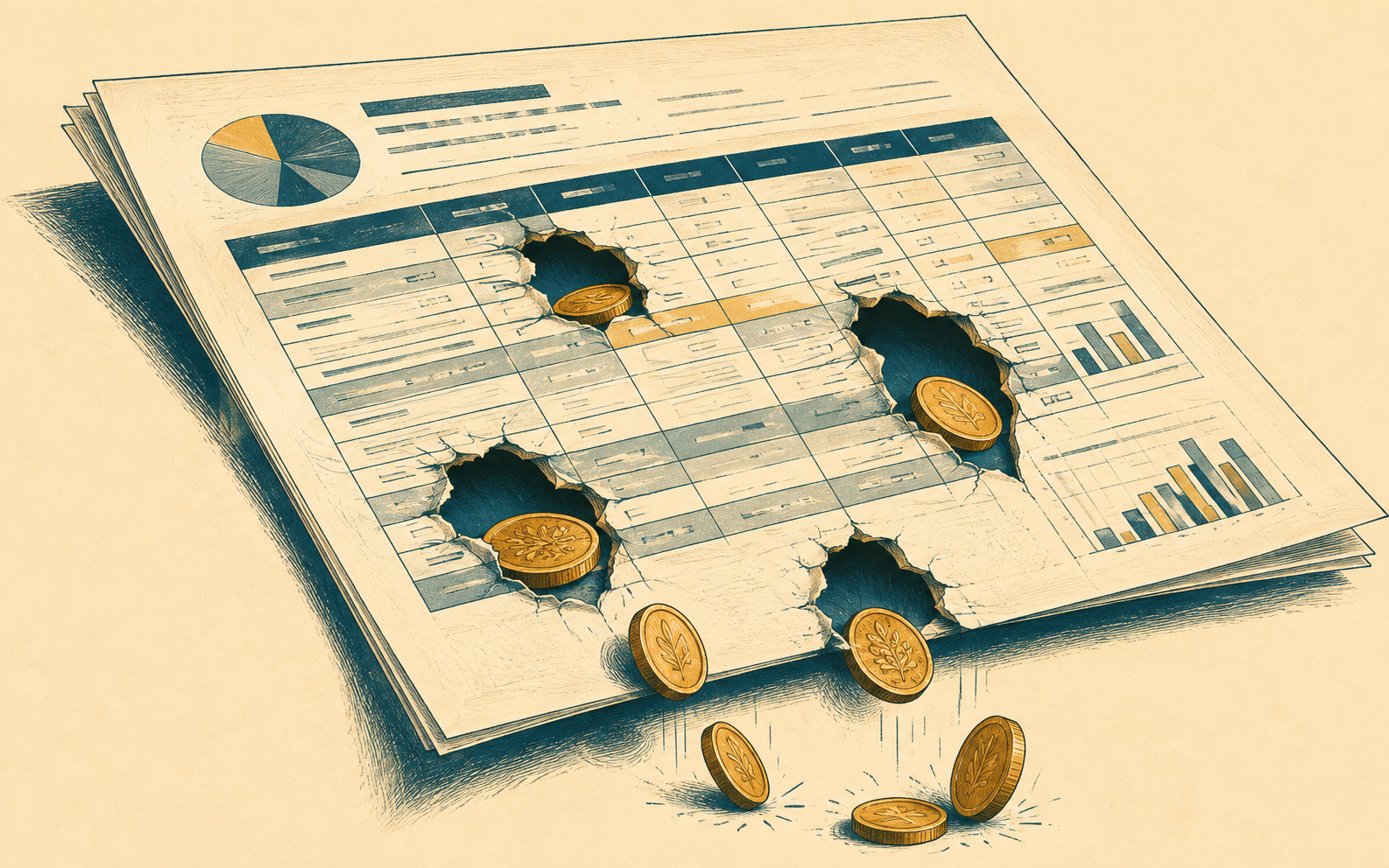Illustration of a budget with money leaking through hidden holes.
