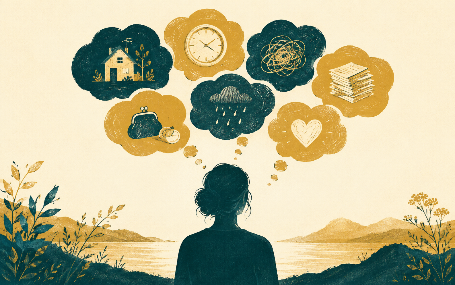 Illustration of financial worry represented as thought bubbles above a contemplative figure.