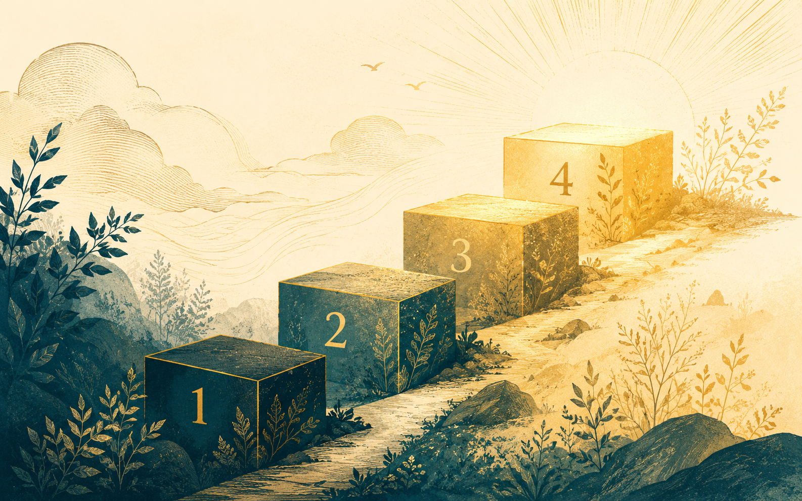 Illustration of a 4-step path representing the four weeks of the Money Rebuild program.