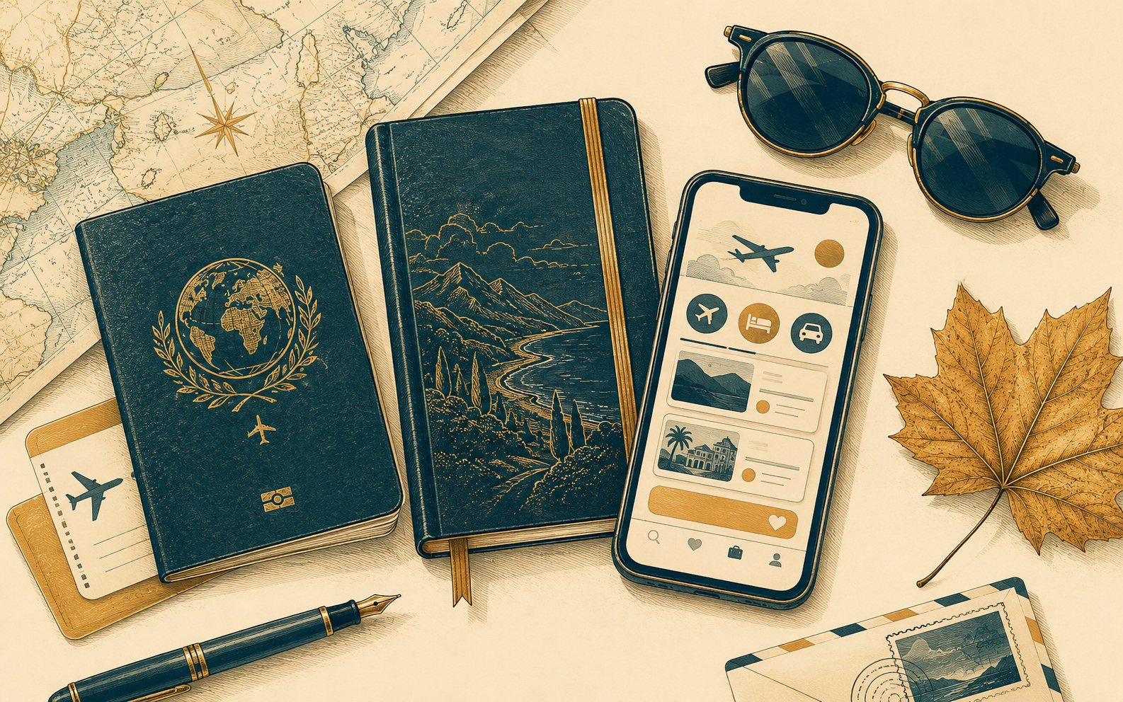 Illustration of travel booking essentials laid out for fall trip planning.