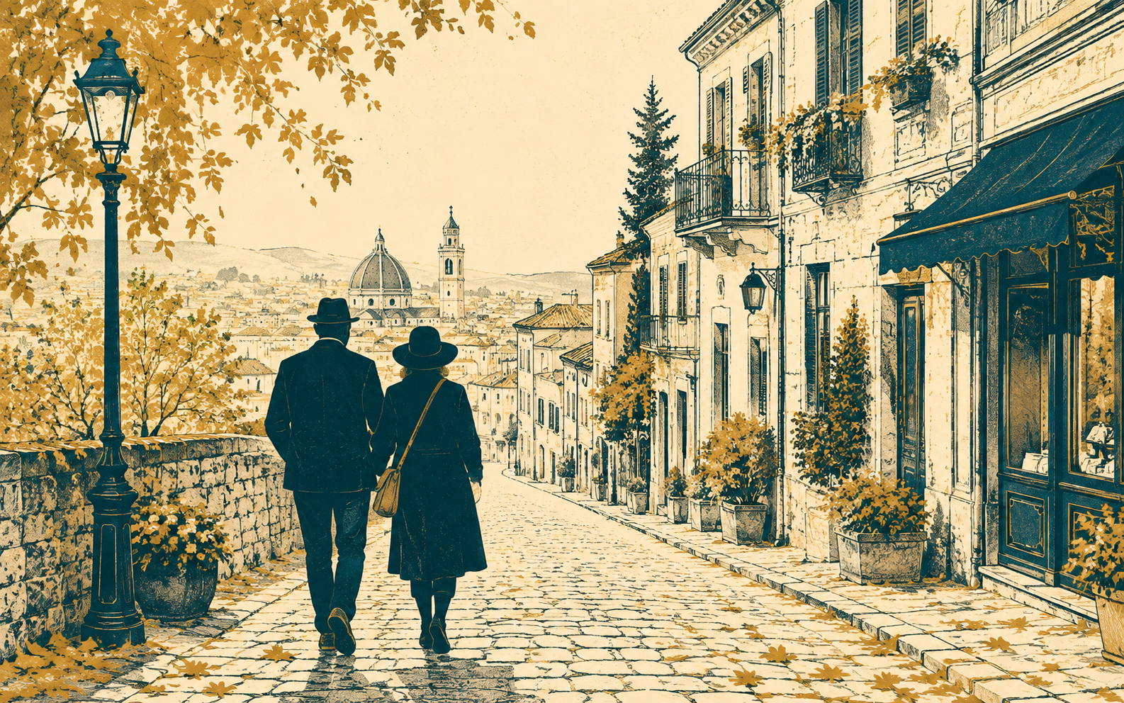 Illustration of an over-50 couple walking through a peaceful European street in fall.