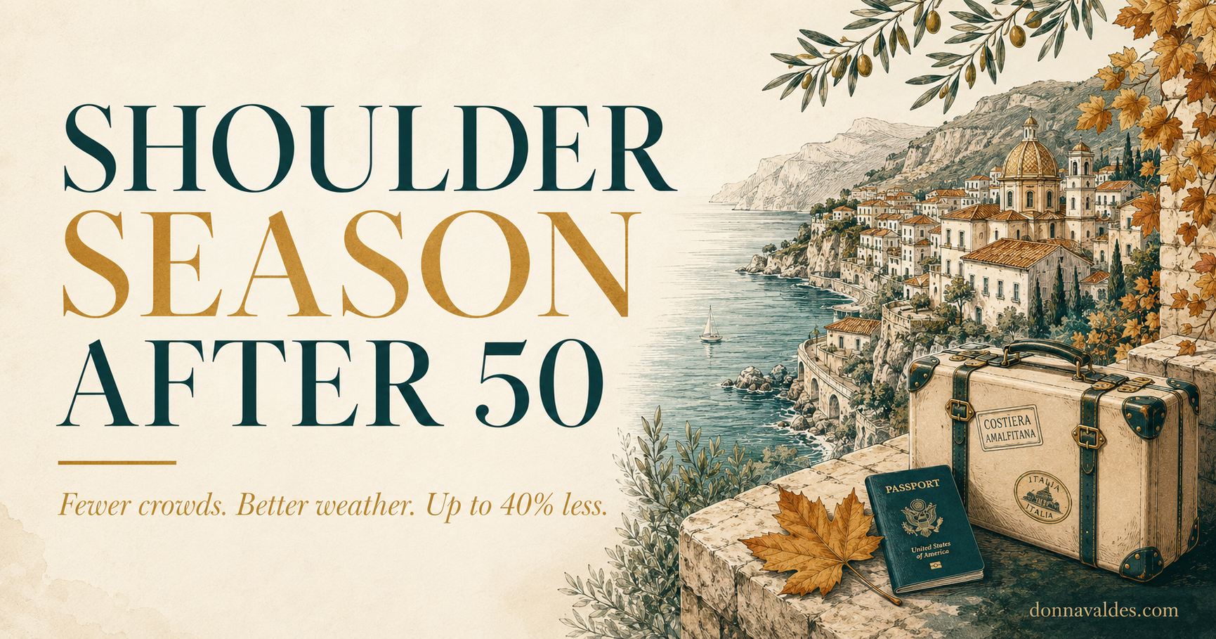 Blog header with headline about shoulder season travel after 50 and a stylized fall Mediterranean travel illustration.