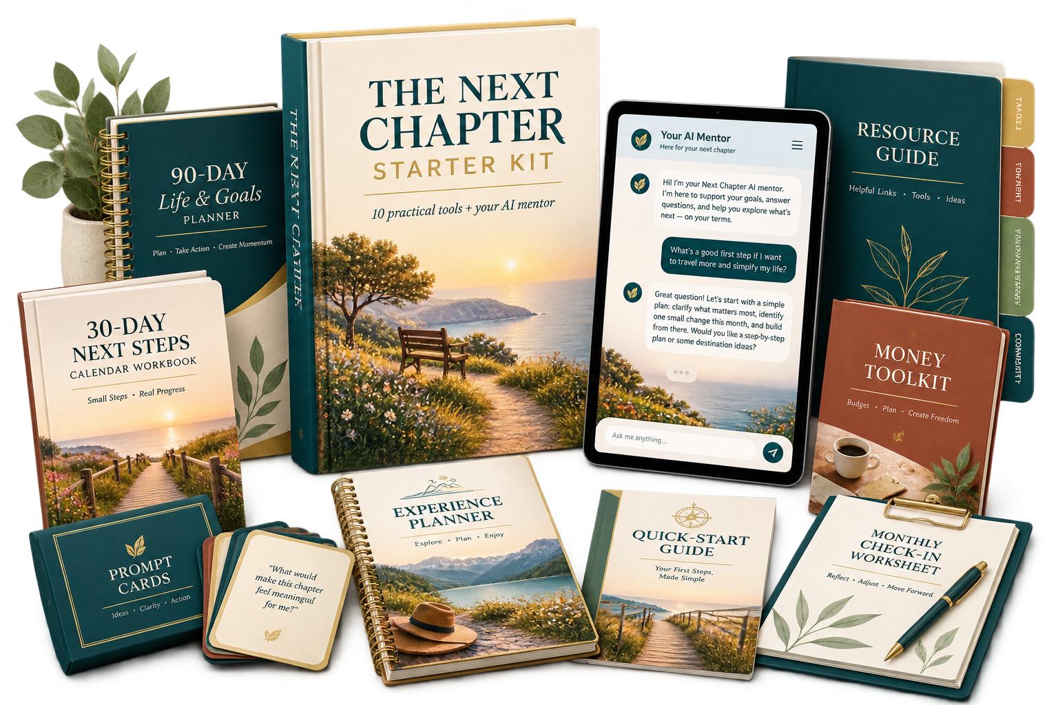 Digital mockup of The Next Chapter Starter Kit with ten planning tools and an AI mentor
