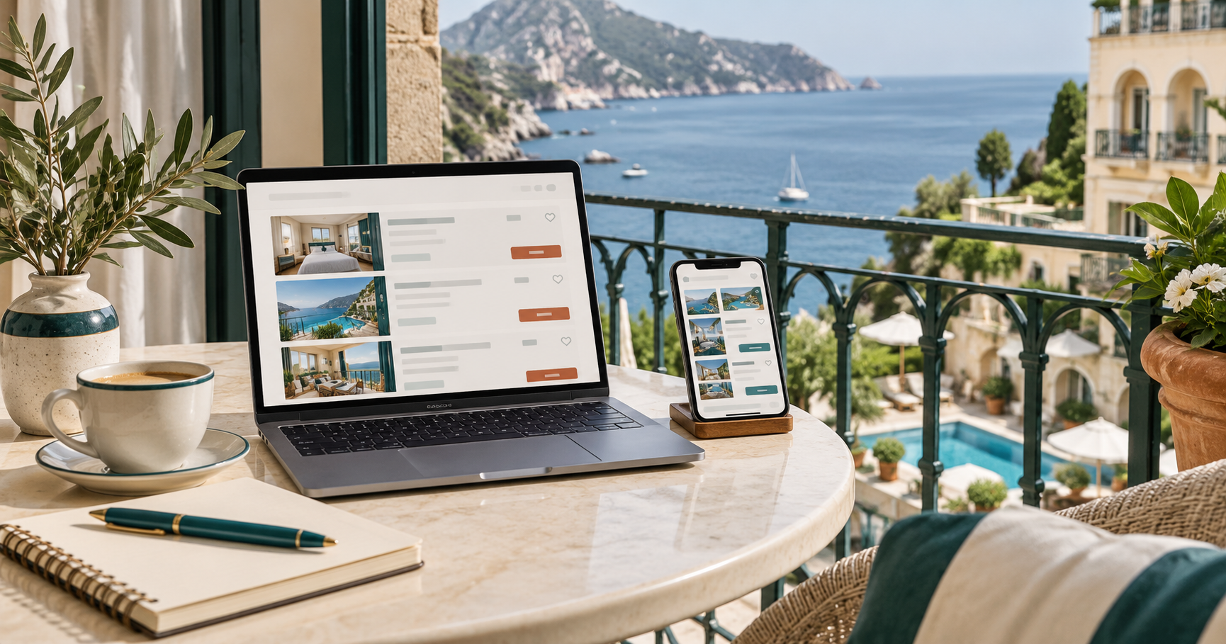 Laptop and phone with illustrated hotel search screens on a balcony overlooking the coast.