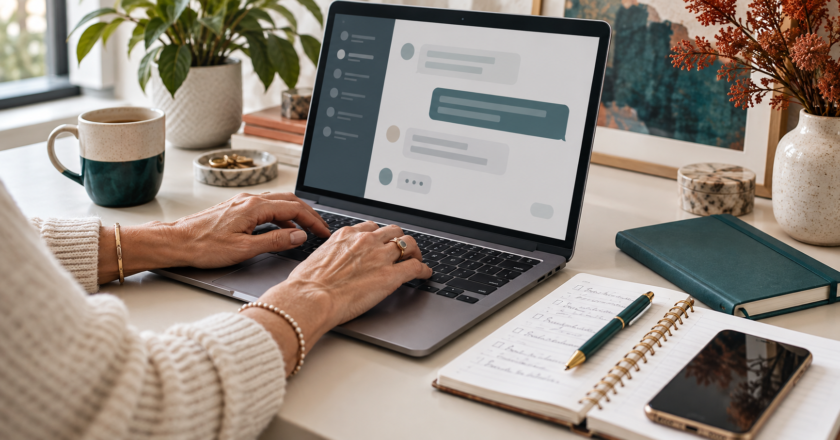 Mature woman's hands using a laptop with an illustrated chat interface beside a planner and phone.