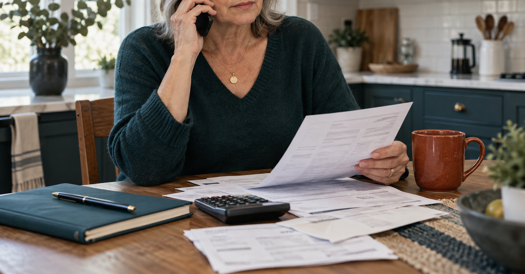 Woman speaking on the phone while reviewing household bills beside a calculator and teal notebook.