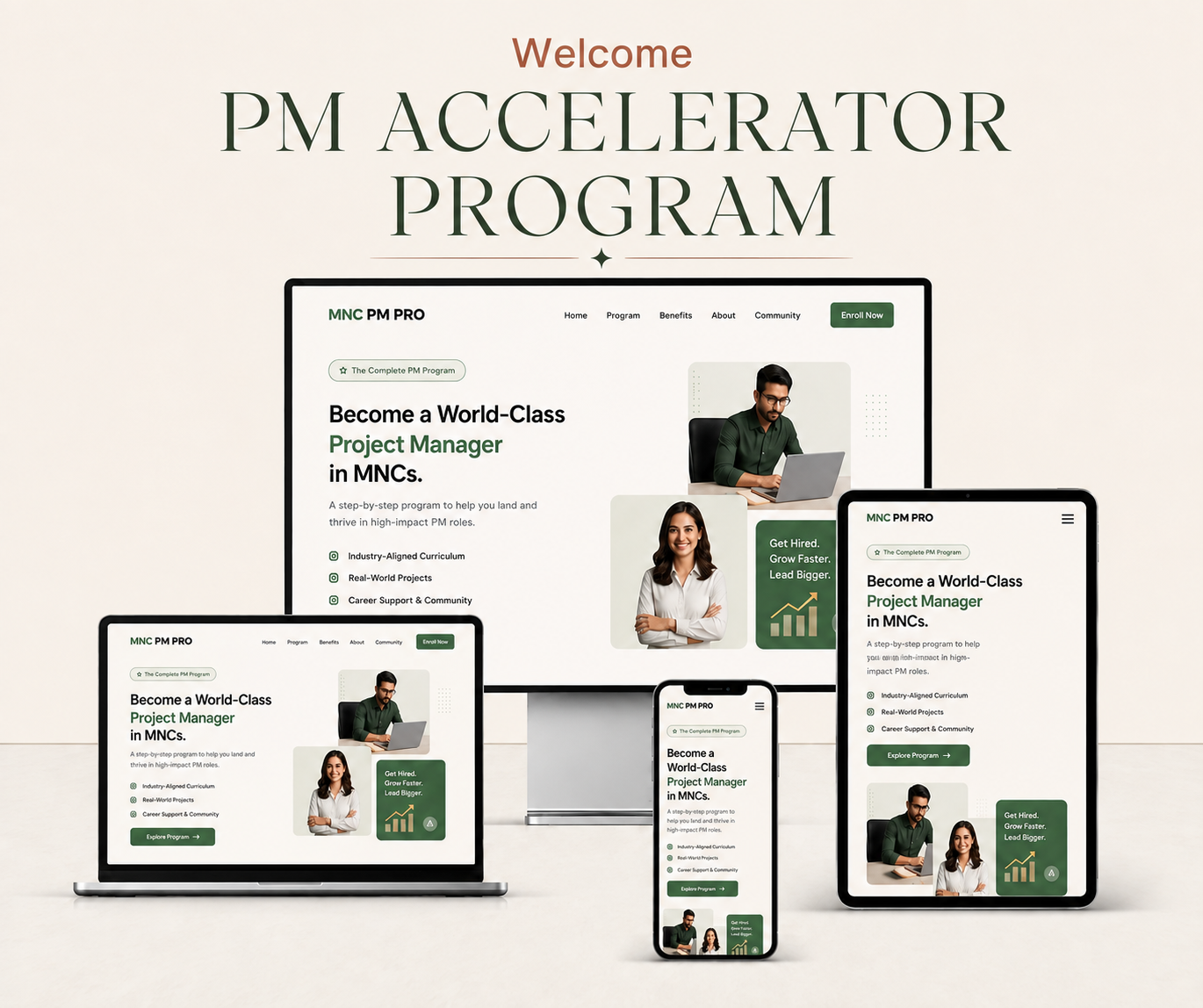 PM Accelerator Program website mockup across desktop, laptop, tablet and mobile devices