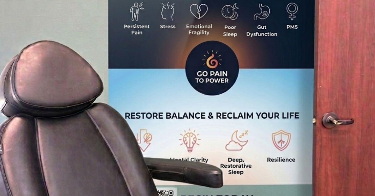 Go Pain to Power conditions we treat poster and chair in our office Go Pain to Power conditions we treat poster and chair in our office