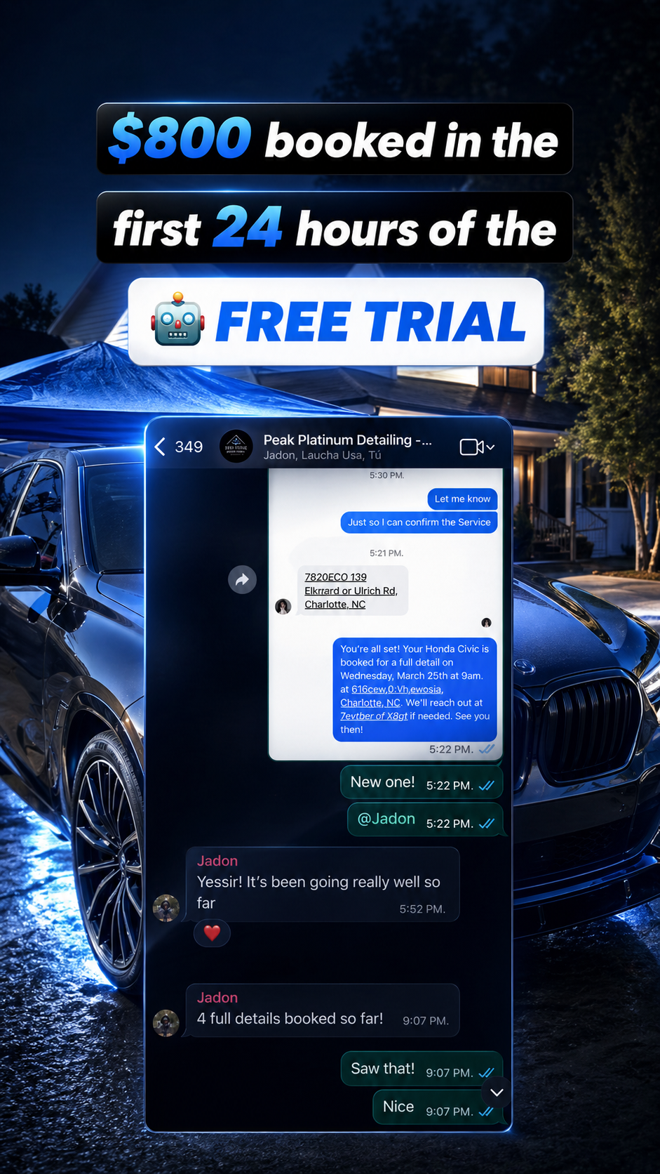 Free trial proof showing 800 dollars booked in the first 24 hours by the AI bot