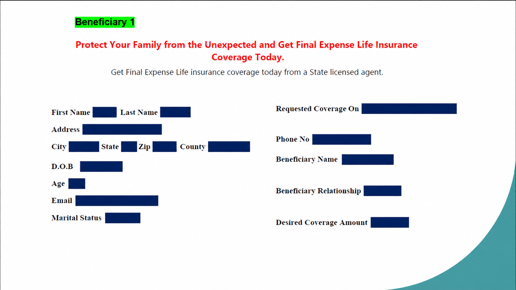 Digital lead sample with personal information covered