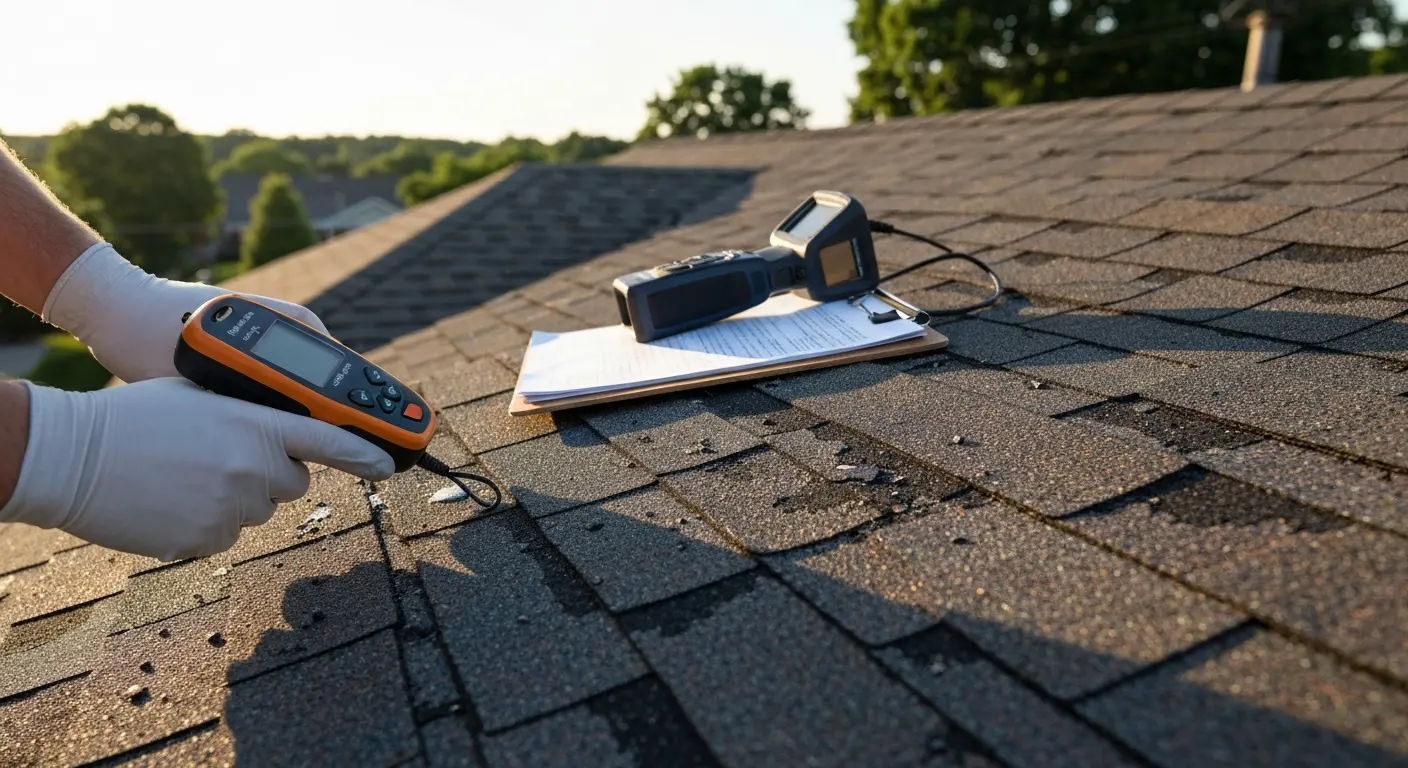 Storm damage inspection on shingles and roof edge