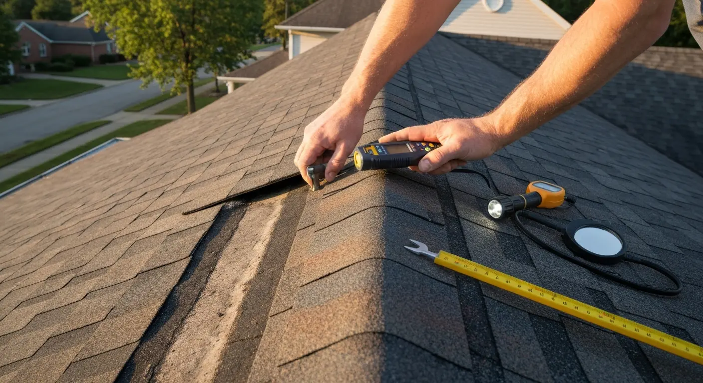 Inspector examining roof flashing and condition from above