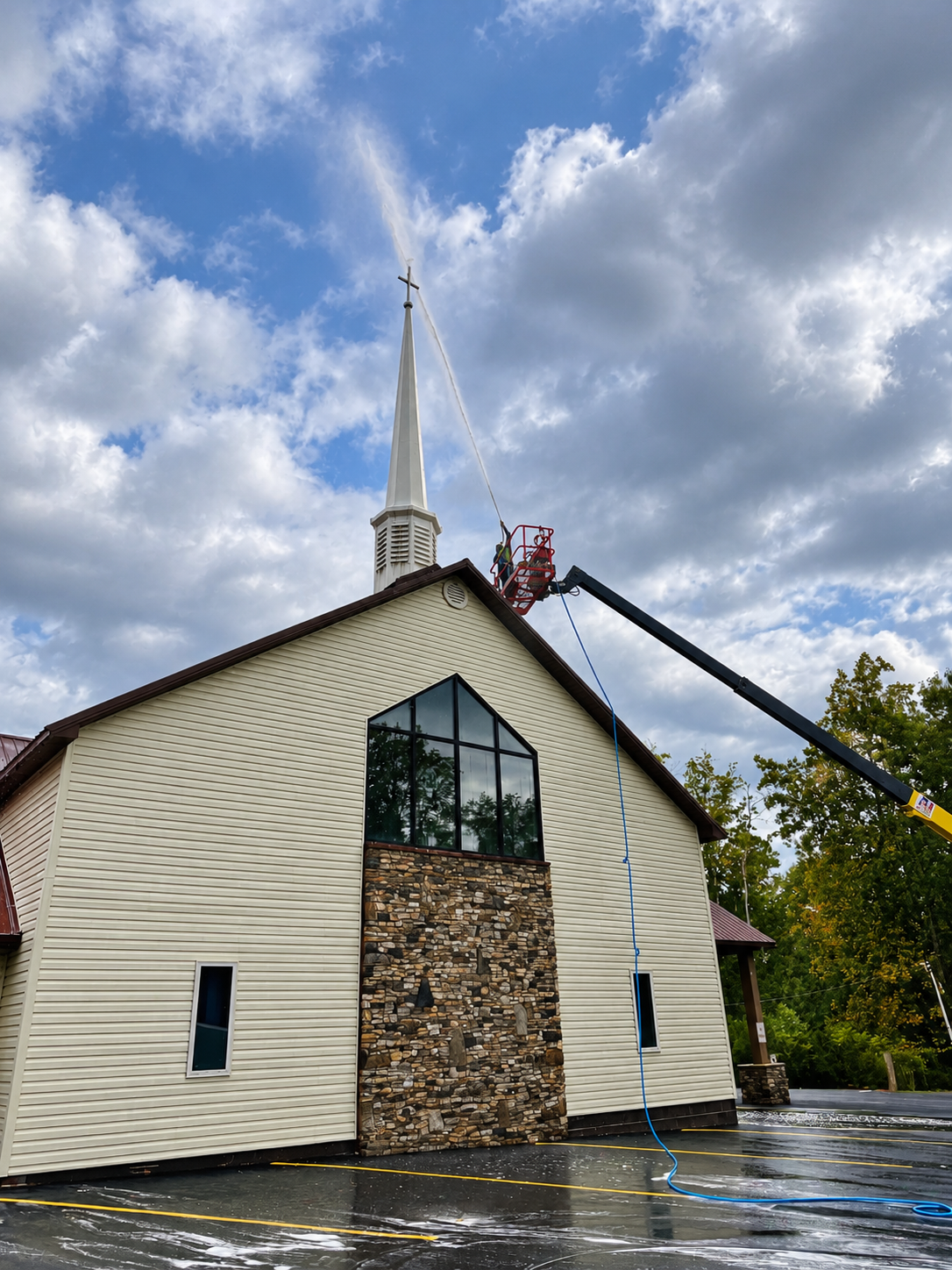 Vortex Exterior Washing Church Steeple Cleaning in Progress