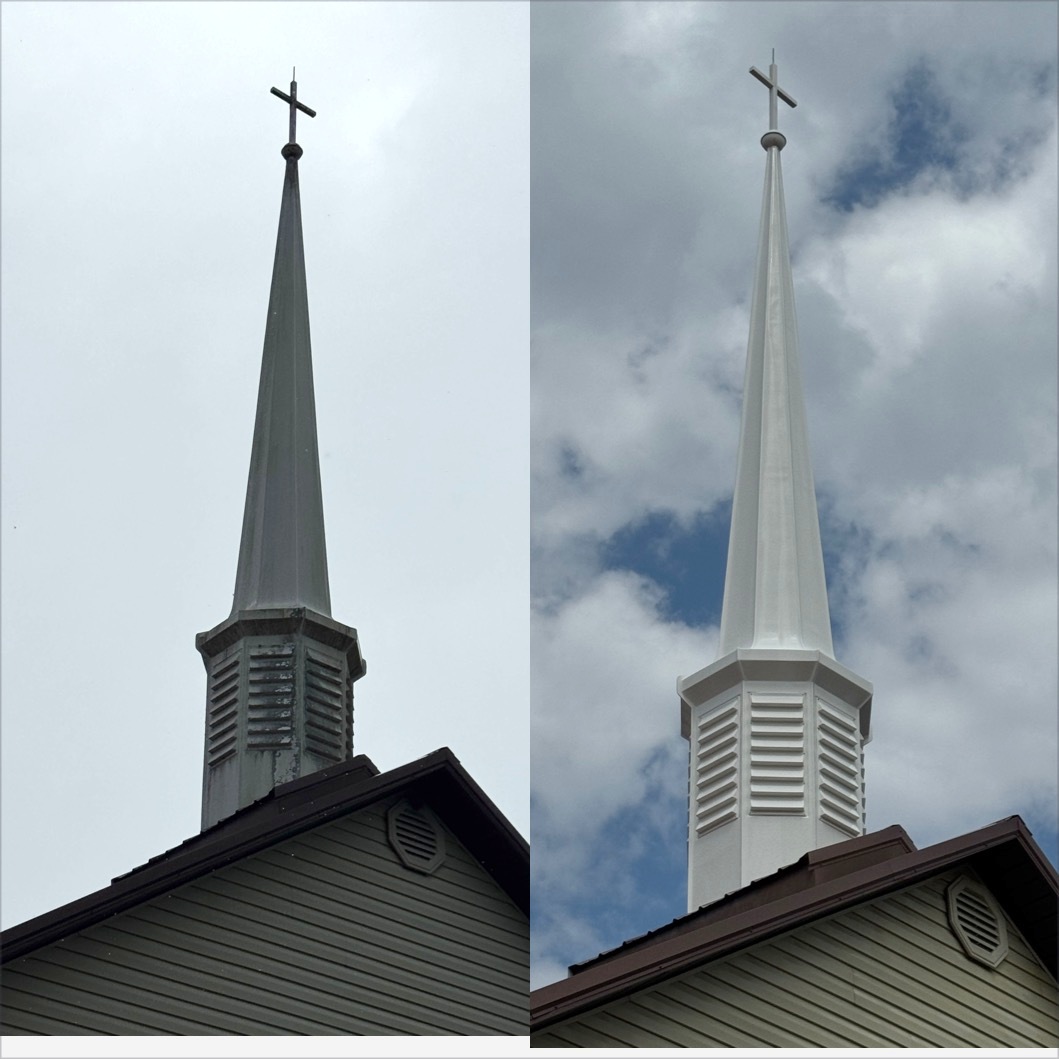 Original church steeple roofline view before and after, exposure corrected